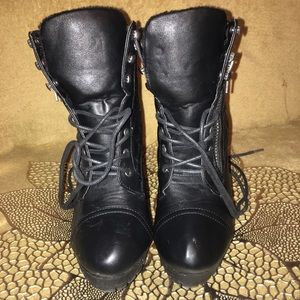 All black mid ankle heeled boot